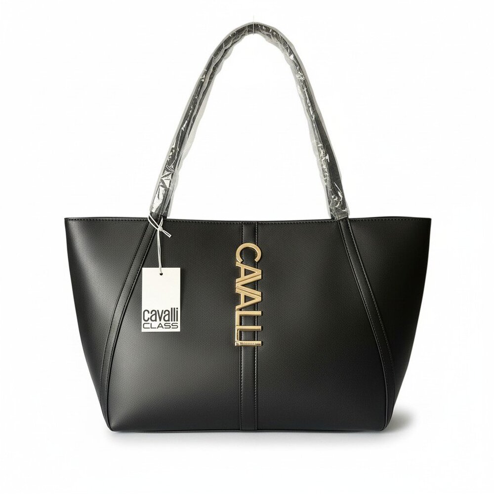 Cavalli Class Sandra Shopper‎ Faux Leather Logo Tote Bag NWT Black